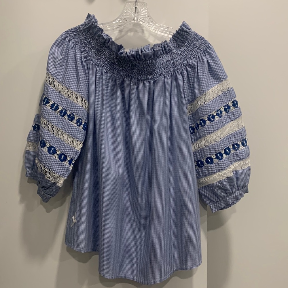 Beautiful blue off the shoulder Mi Golondrina top with embroidery detail